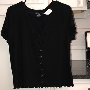 Button Front Lettuce Hem Knit Ribbed Tee